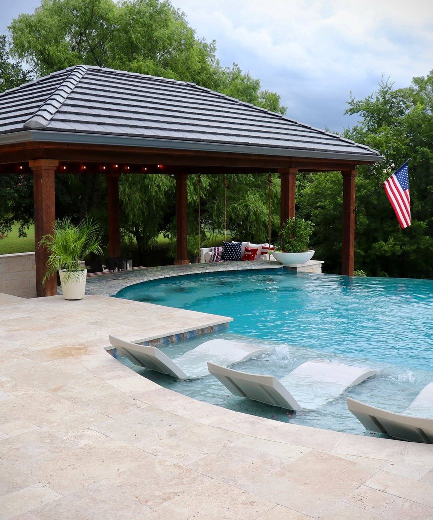 Custom pool with waterfall feature, deck jets, and integrated water features